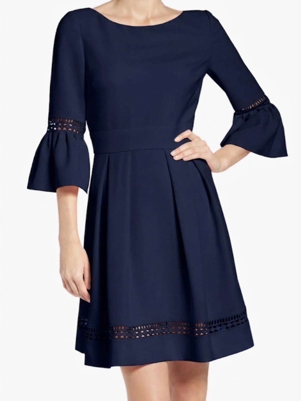 Eliza J Navy Fit-and-Flare Dress with Eyelet Bell Sleeves